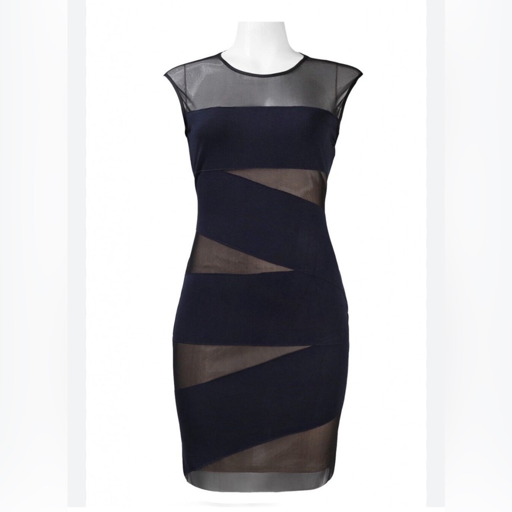 Muse M3255M Navy Asymmetrical Trim Stretch Jersey & Mesh Cocktail Dress